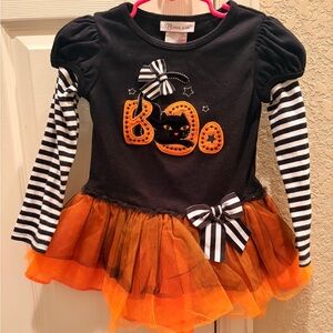 Bonnie Jean Black & Orange 'Boo' Halloween Tutu shirt with Striped Sleeves